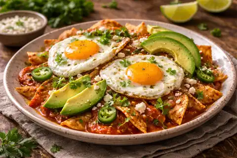 Традиционный мексиканский завтрак из кукурузных чипсов в красной сальсе с яйцами и свежим сыром.