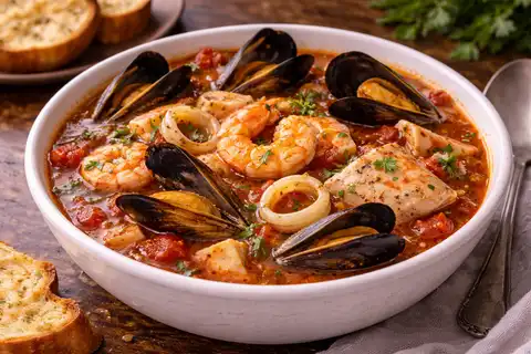 Насыщенный американский рыбный суп с томатным бульоном, белой рыбой, креветками и мидиями.