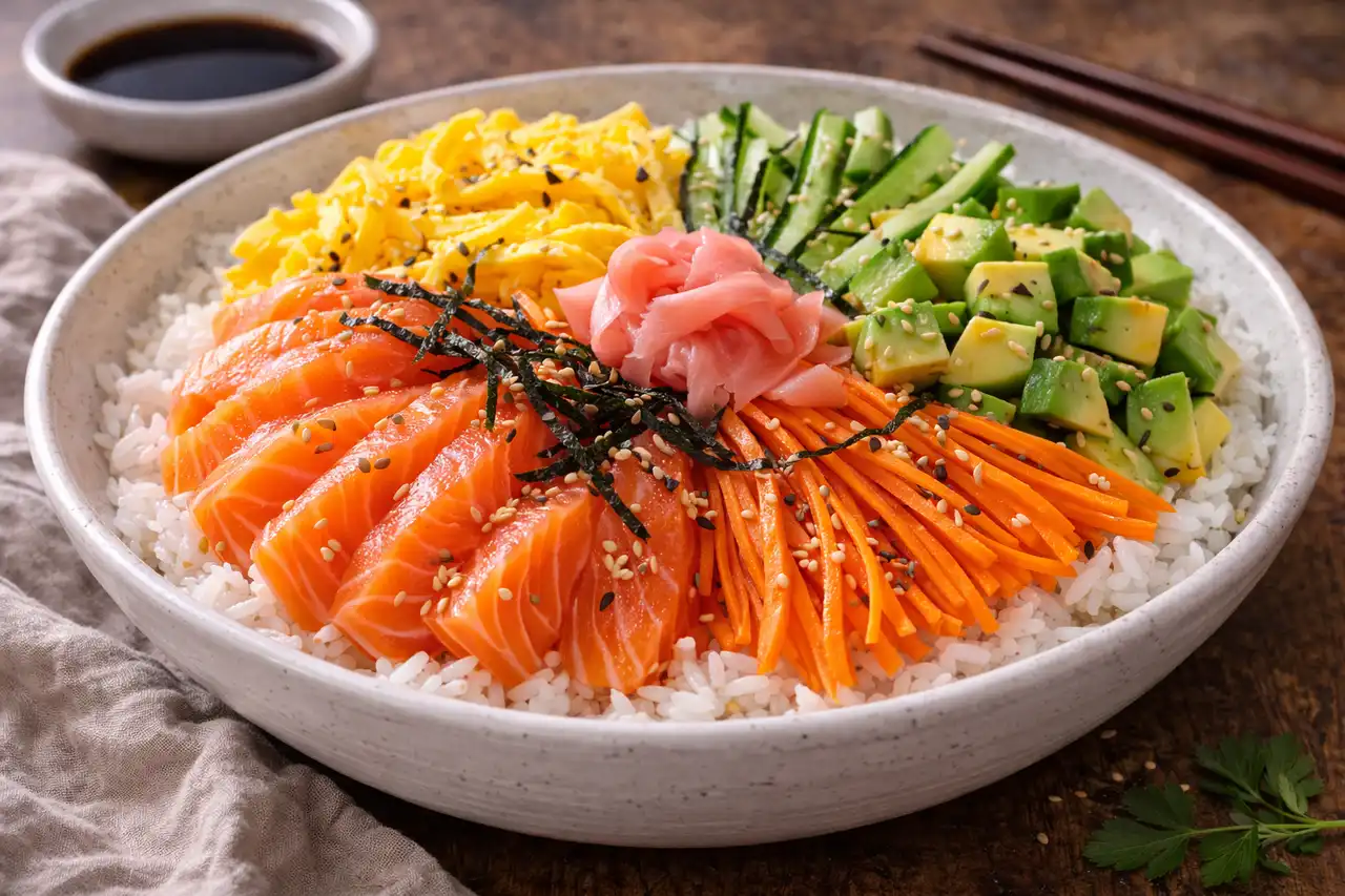 Японская рисовая чаша с суши-рисом, лососем, омлетом и свежими овощами.
