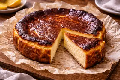 Нежный испанский чизкейк с карамелизированной верхушкой и кремовой текстурой без песочной основы.