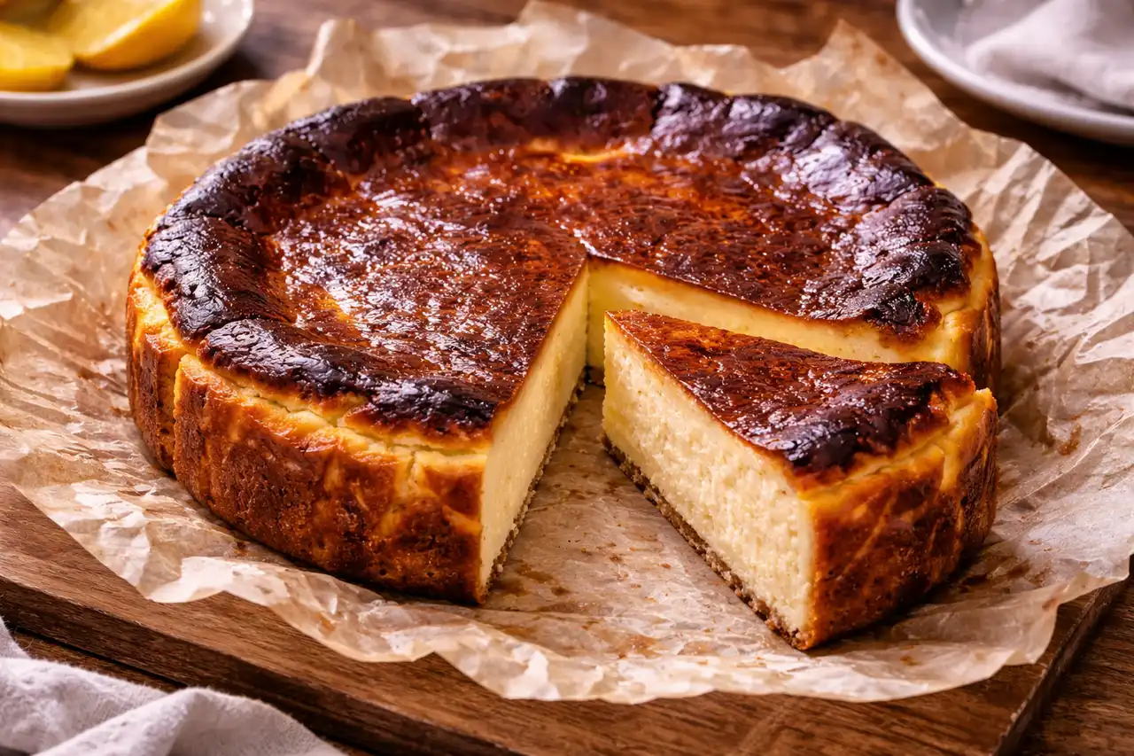 Нежный испанский чизкейк с карамелизированной верхушкой и кремовой текстурой без песочной основы.