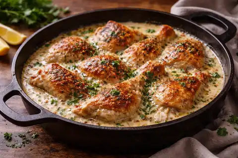 Классическое грузинское горячее из запечённой курицы в насыщенном чесночно-сливочном соусе.