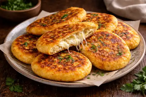 Грузинские кукурузные лепёшки с расплавленным сулугуни и румяной корочкой на сковороде.