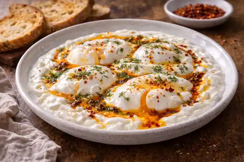 Турецкие яйца пашот с чесночным йогуртом и пряным маслом с паприкой.