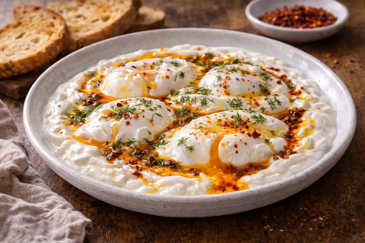 Турецкие яйца пашот с чесночным йогуртом и пряным маслом с паприкой.