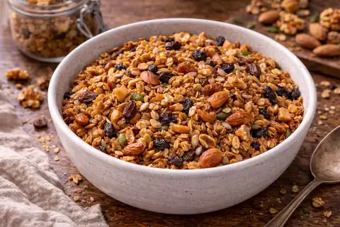 Хрустящая домашняя гранола с овсяными хлопьями, орехами и мёдом для завтрака и полезного перекуса.