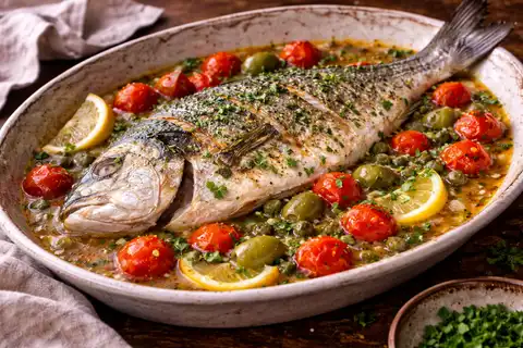 Нежная дорада, тушённая в томатно-винном соусе с оливками и каперсами по-итальянски.