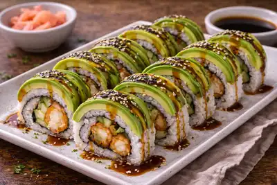 Эффектный урамаки-ролл с хрустящей креветкой темпура, авокадо и соусом унаги.