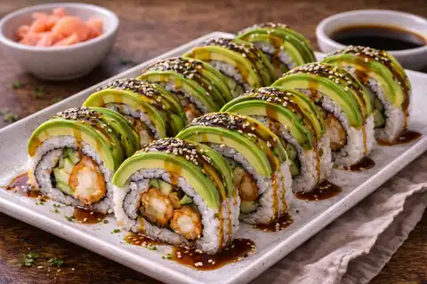 Эффектный урамаки-ролл с хрустящей креветкой темпура, авокадо и соусом унаги.