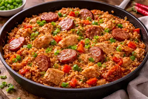 Сытное блюдо креольской кухни с рисом, курицей, копчёной колбасой и ароматными специями.