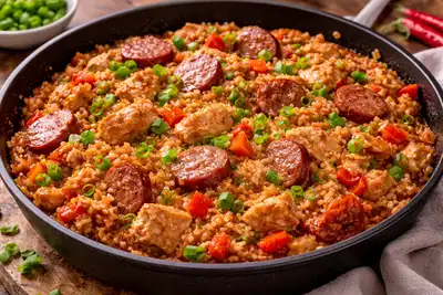 Сытное блюдо креольской кухни с рисом, курицей, копчёной колбасой и ароматными специями.