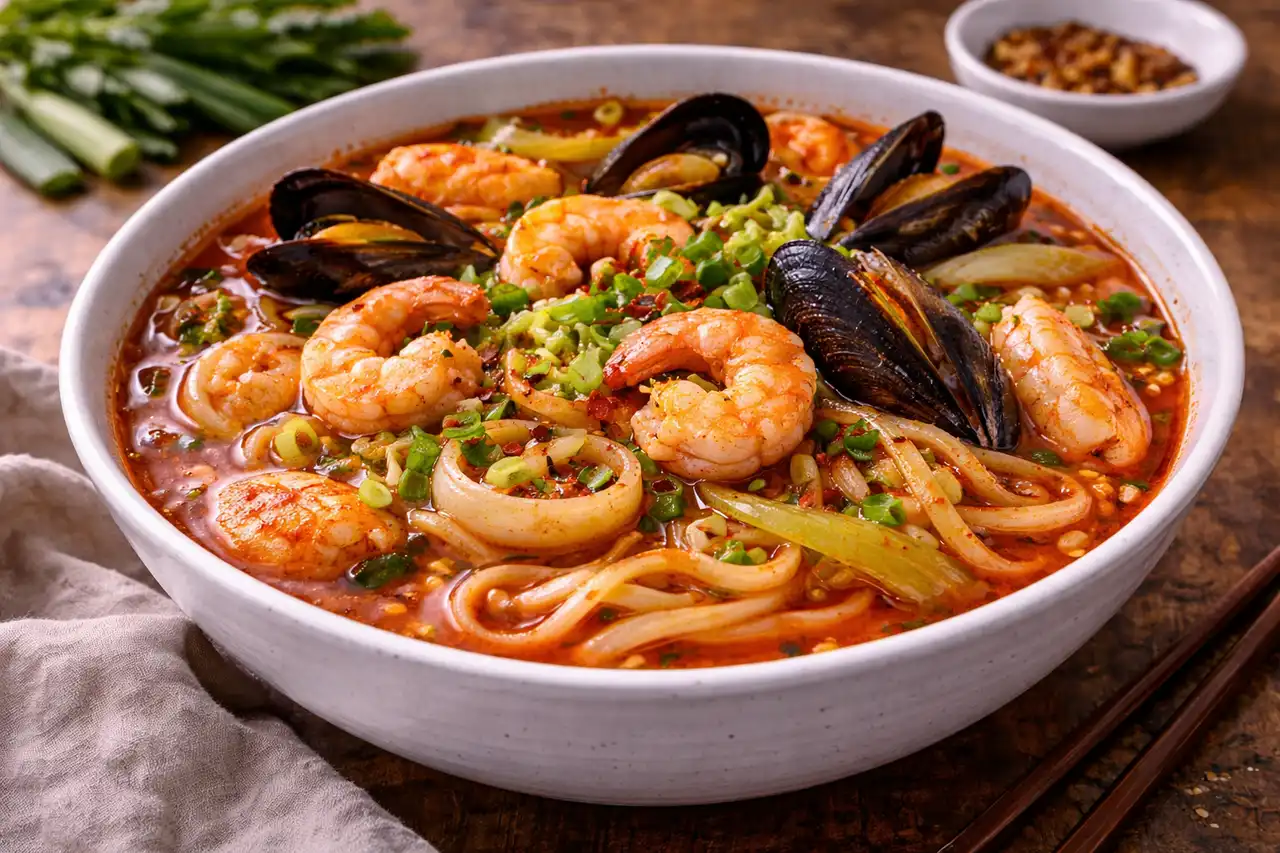 Острый азиатский суп с морепродуктами, овощами и пшеничной лапшой в насыщенном бульоне.
