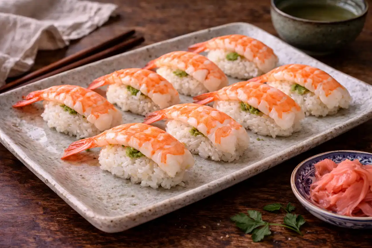 Классические японские нигири с нежной креветкой, правильно заправленным рисом и мягким акцентом васаби.