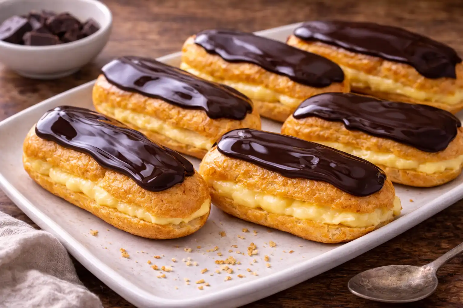 Классические французские эклеры из заварного теста с нежным ванильным кремом и шоколадной глазурью.