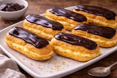 Классические французские эклеры из заварного теста с нежным ванильным кремом и шоколадной глазурью.