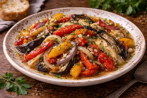 Каталонская закуска из запечённых овощей с оливковым маслом, чесноком и лёгким винным акцентом.