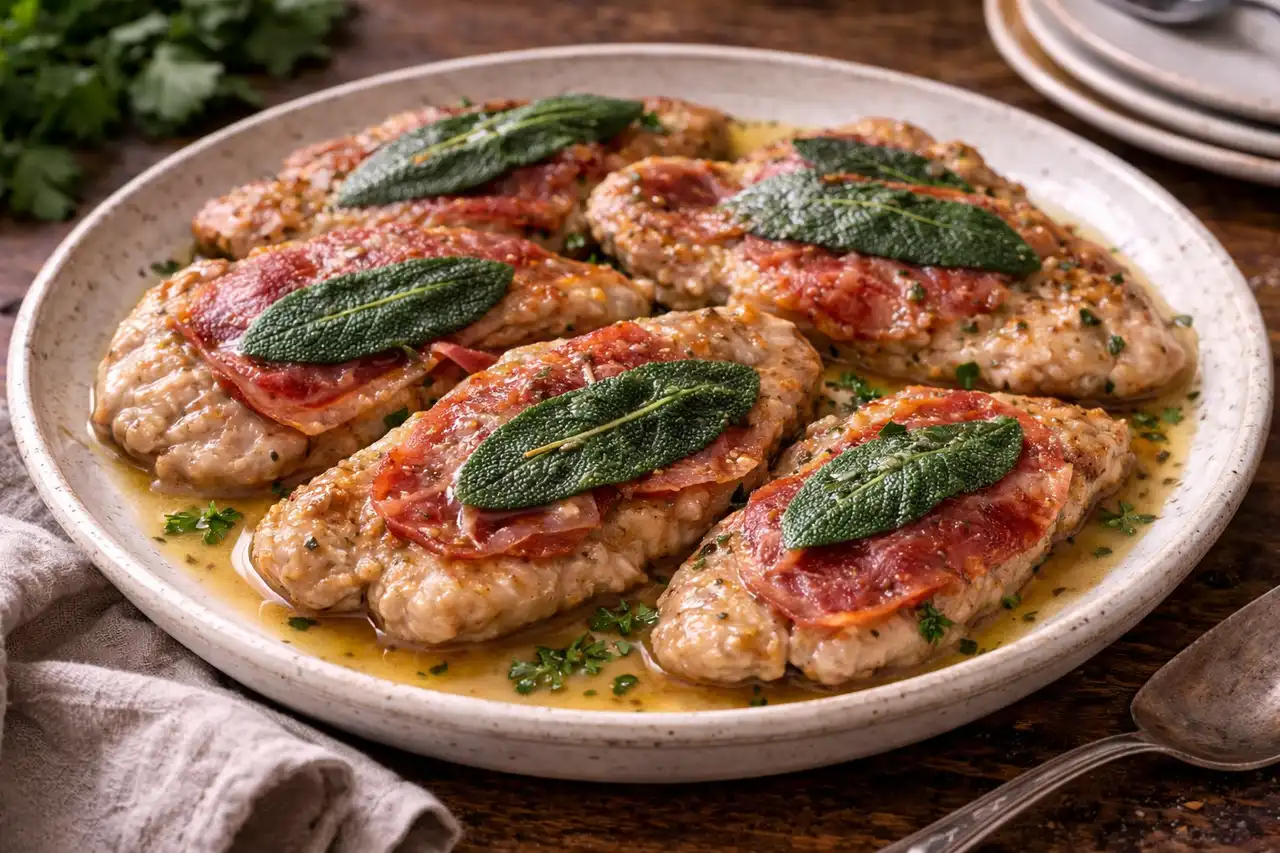 Тонкие эскалопы телятины с прошутто и шалфеем в лёгком винно-сливочном соусе.