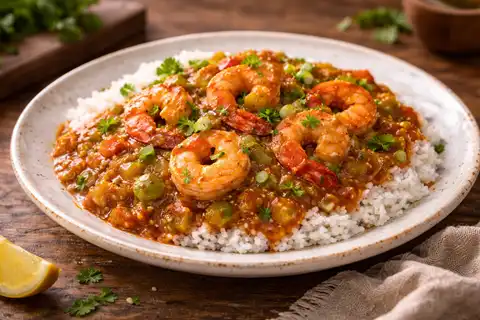 Креольское блюдо из креветок в густом пряном соусе ру, подаваемое с рисом.