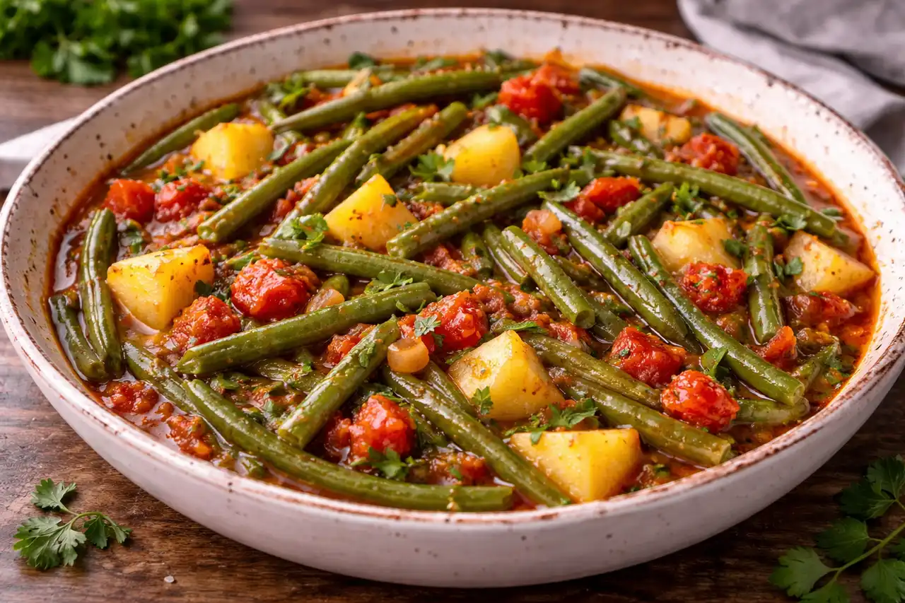 Тушёная стручковая фасоль с томатами, луком и оливковым маслом в традиционном греческом стиле.