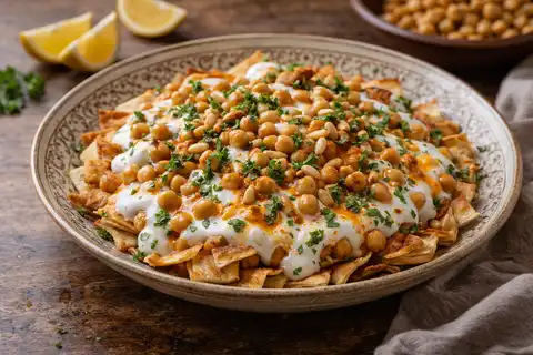 Традиционная ближневосточная закуска из нута, хрустящей питы и чесночного йогуртового соуса.