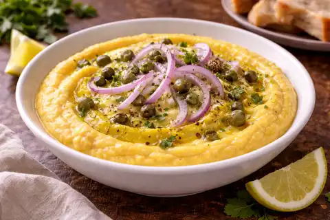 Нежная греческая закуска из колотого гороха с оливковым маслом, луком и лимоном.