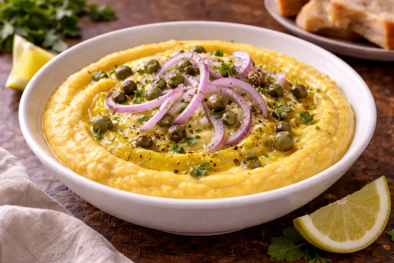 Нежная греческая закуска из колотого гороха с оливковым маслом, луком и лимоном.