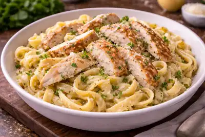 Сытная паста с курицей в сливочно-сырном соусе альфредо.