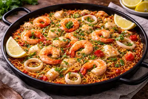 Испанская фидеуа с креветками, кальмаром и белой рыбой в насыщенном томатно-шафрановом бульоне.