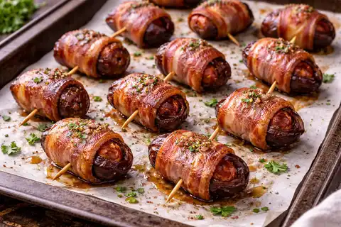 Яркая мясная закуска из фиников с чоризо, завернутых в хрустящий бекон.