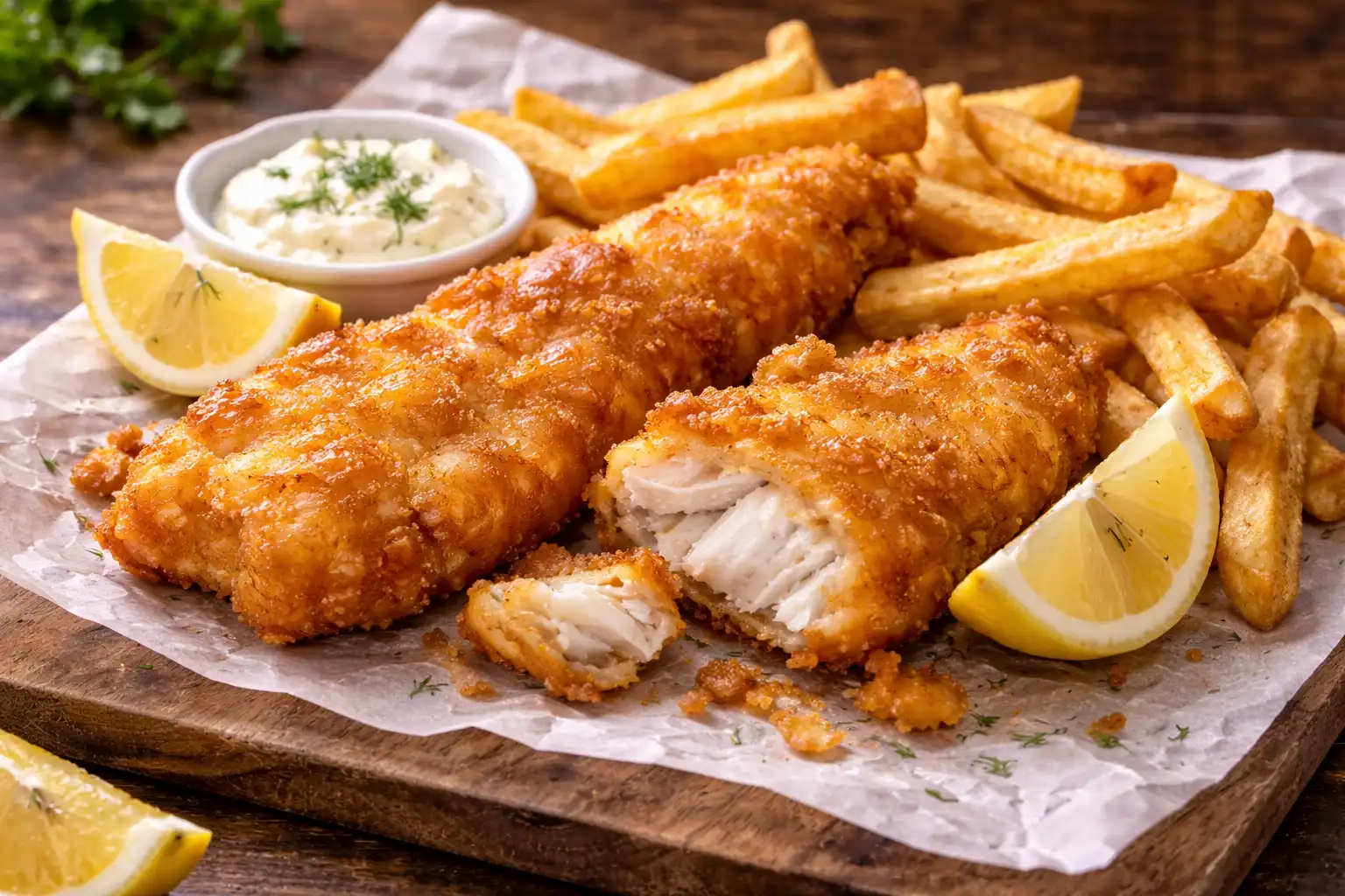 Классическое британское блюдо из хрустящей рыбы в кляре и золотистого картофеля фри.