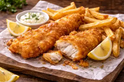 Классическое британское блюдо из хрустящей рыбы в кляре и золотистого картофеля фри.