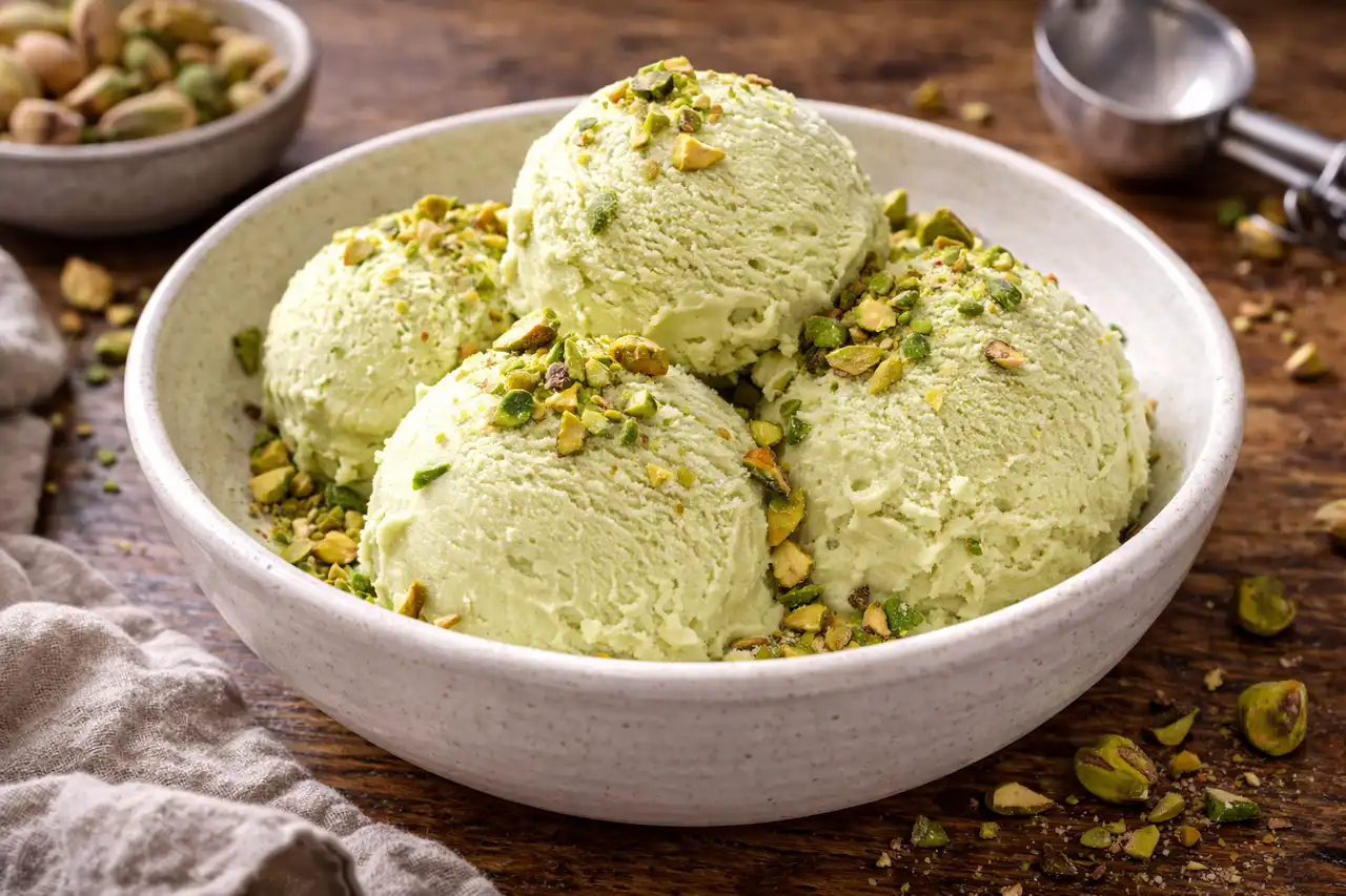 Итальянское фисташковое джелато с нежной текстурой и насыщенным ореховым вкусом.