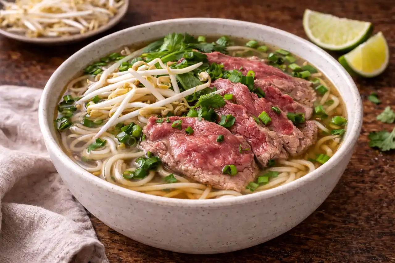 Ароматный азиатский суп с говяжьим бульоном, рисовой лапшой, тонкими ломтиками мяса и свежей зеленью.