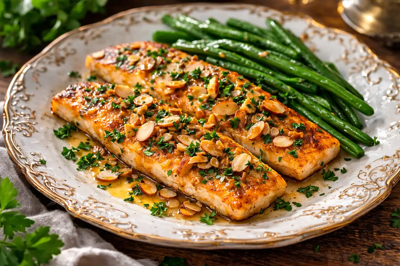Нежная форель, обжаренная в сливочном масле с лимоном и хрустящими лепестками миндаля.