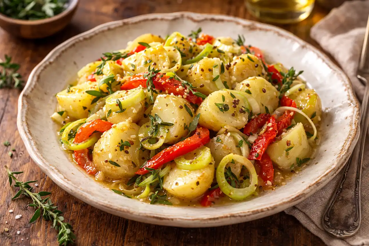 Тёплый французский картофельный салат с луком-пореем, травами и дижонской заправкой.