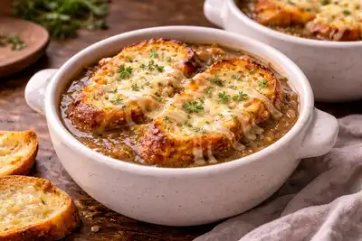 Насыщенный французский суп из карамелизованного лука с ароматным бульоном и запечённой сырной корочкой.