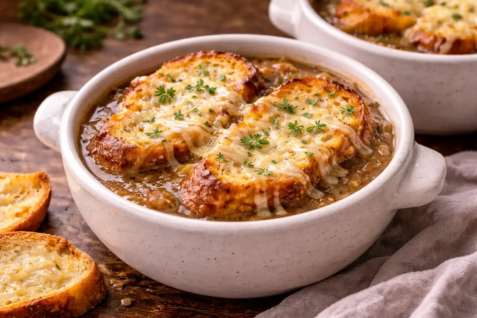 Насыщенный французский суп из карамелизованного лука с ароматным бульоном и запечённой сырной корочкой.