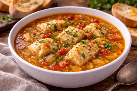 Насыщенный французский рыбный суп с томатами, фенхелем и деликатным ароматом шафрана.