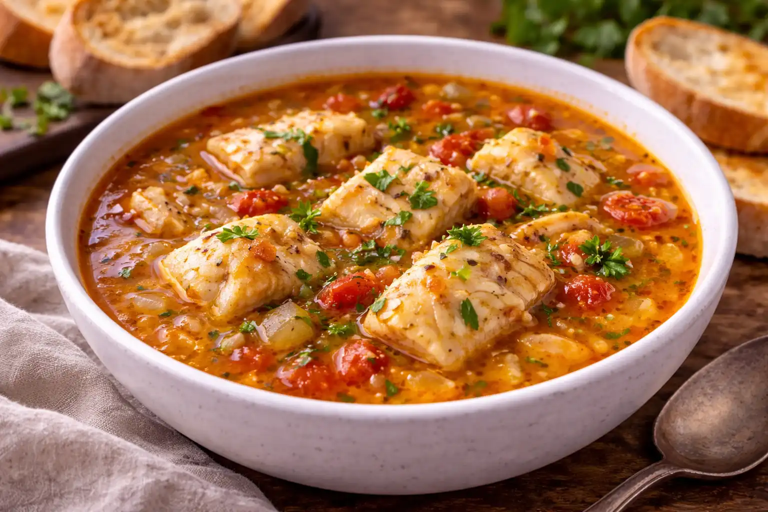 Насыщенный французский рыбный суп с томатами, фенхелем и деликатным ароматом шафрана.