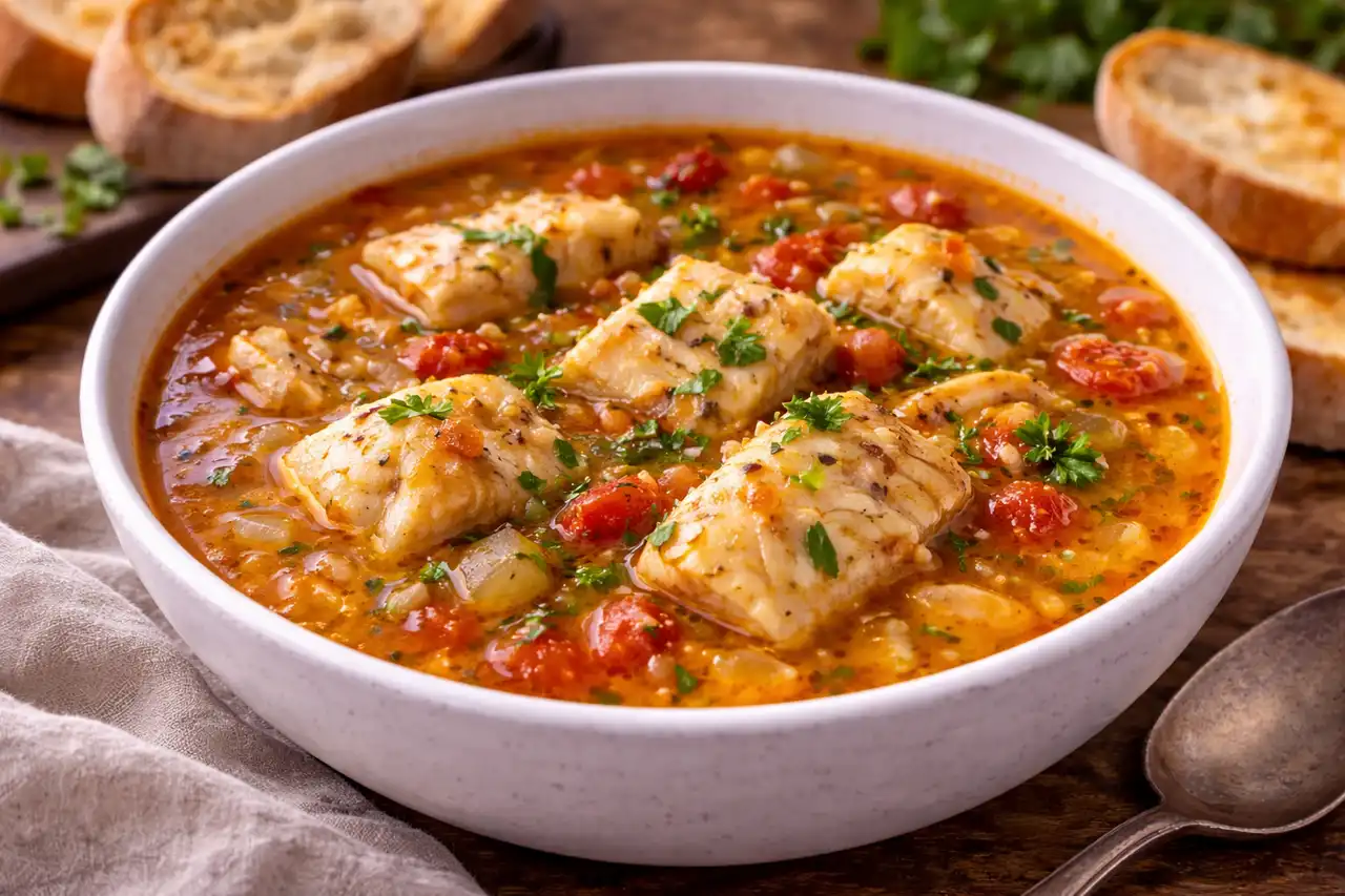 Насыщенный французский рыбный суп с томатами, фенхелем и деликатным ароматом шафрана.