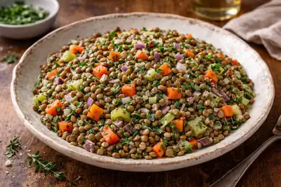 Тёплый французский салат из зелёной чечевицы с овощами и яркой винегретной заправкой.