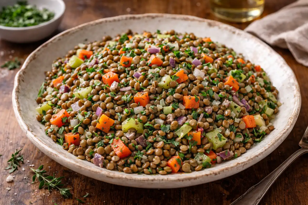 Тёплый французский салат из зелёной чечевицы с овощами и яркой винегретной заправкой.