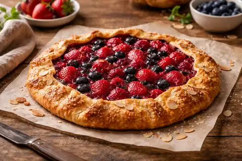 Открытый французский пирог с хрустящей основой и сочной ягодной начинкой.