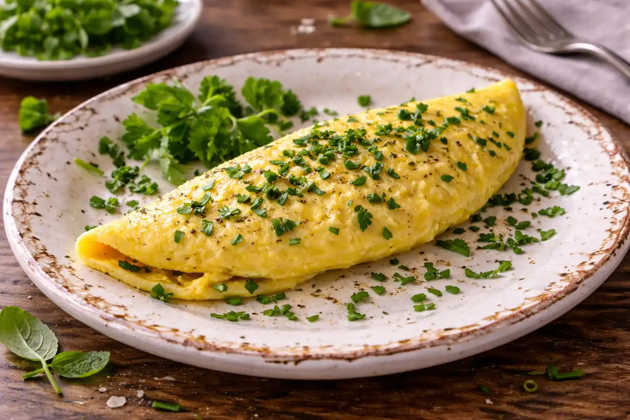 Нежный французский омлет с мягкой кремовой серединой и свежим ароматом зелени.