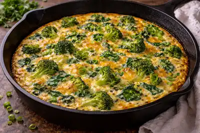 Сочная фриттата с овощами и чеддером, запечённая до нежной кремовой текстуры.