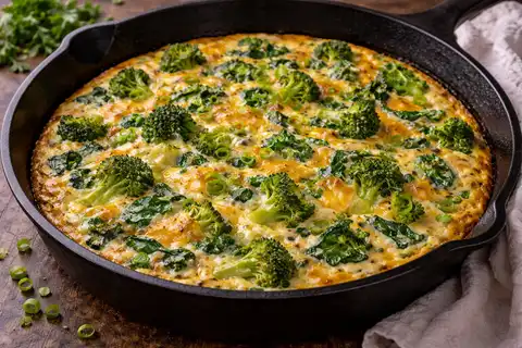 Сочная фриттата с овощами и чеддером, запечённая до нежной кремовой текстуры.