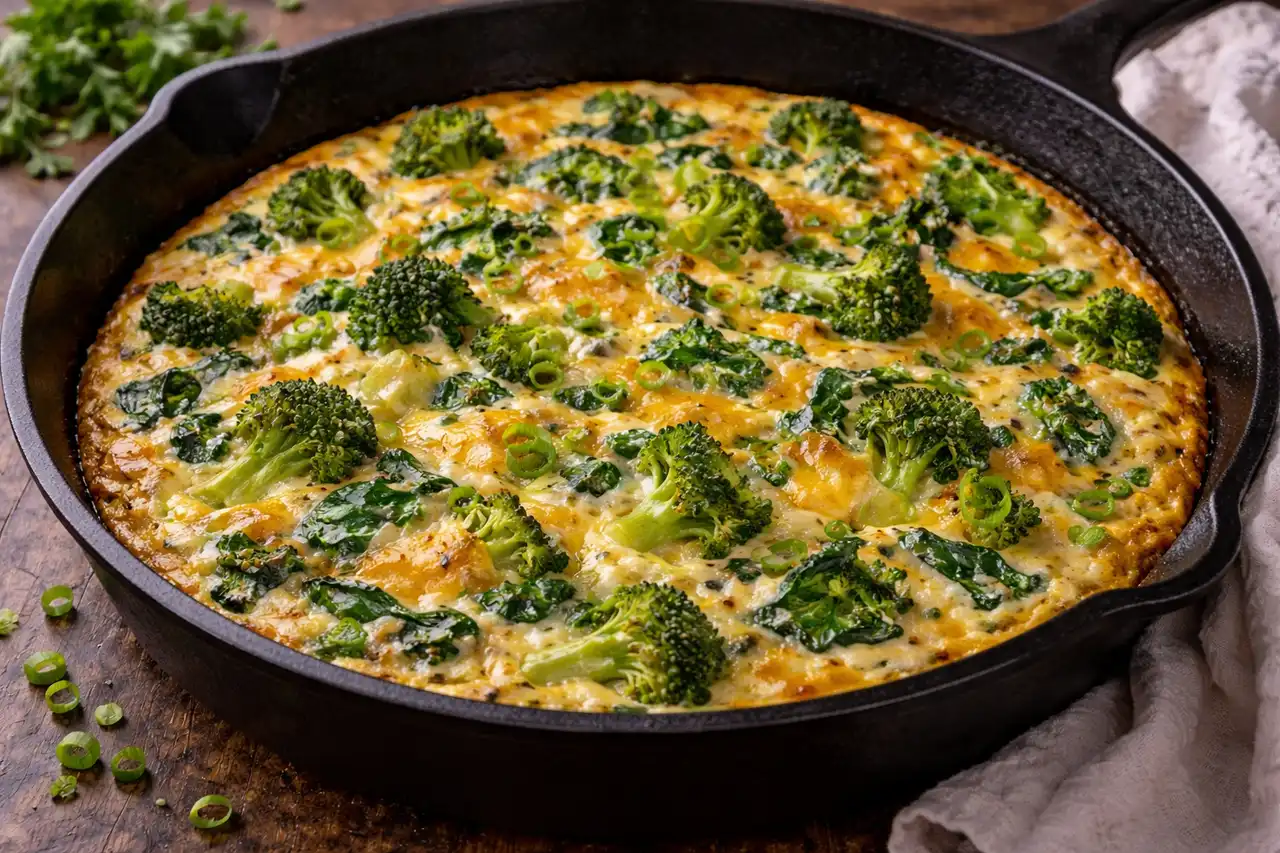 Сочная фриттата с овощами и чеддером, запечённая до нежной кремовой текстуры.