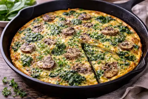 Итальянская фриттата с яйцами, грибами и шпинатом для лёгкого горячего завтрака.