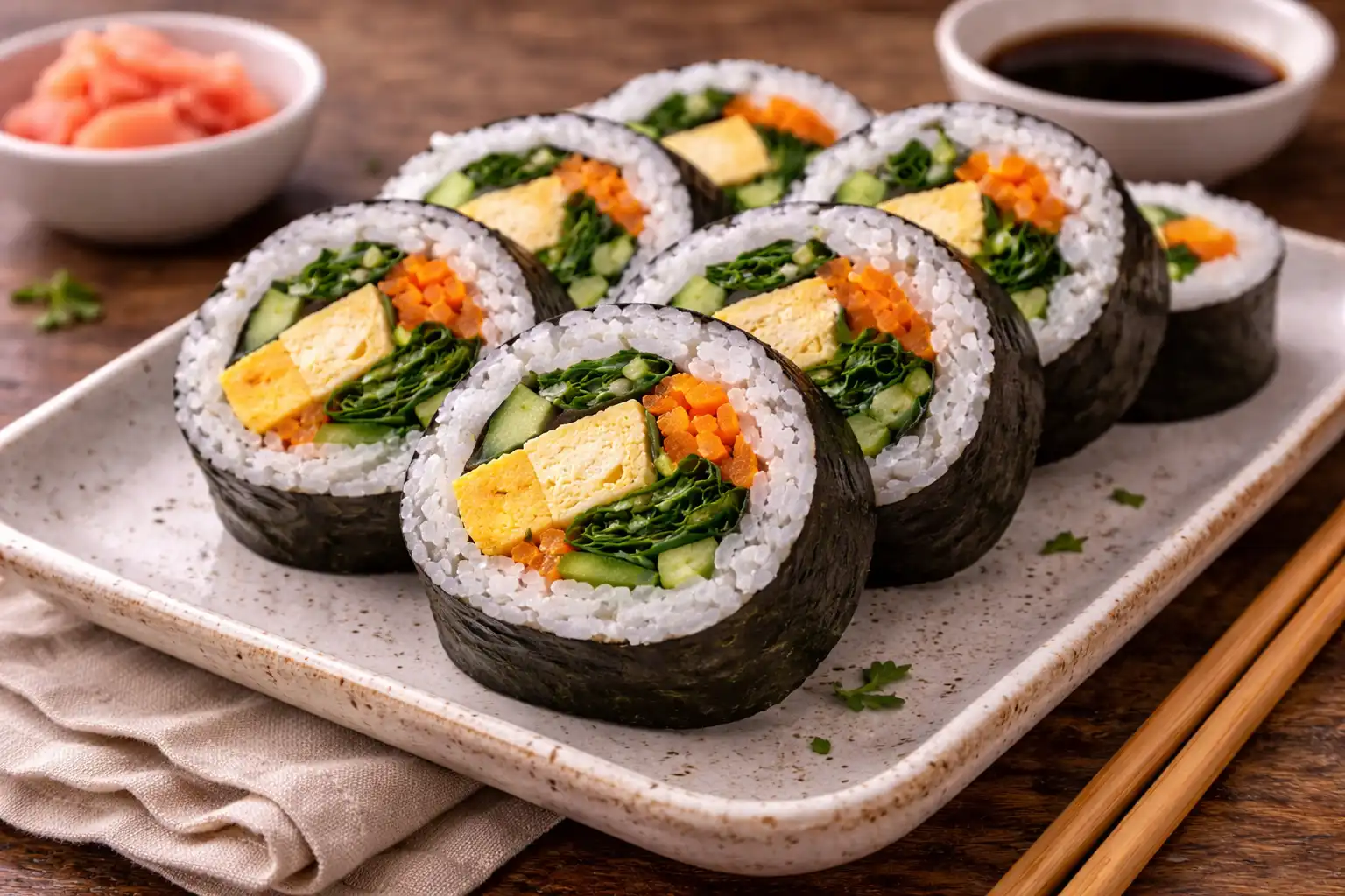 Крупные японские роллы футомаки с рисом, омлетом, огурцом и маринованными овощами.