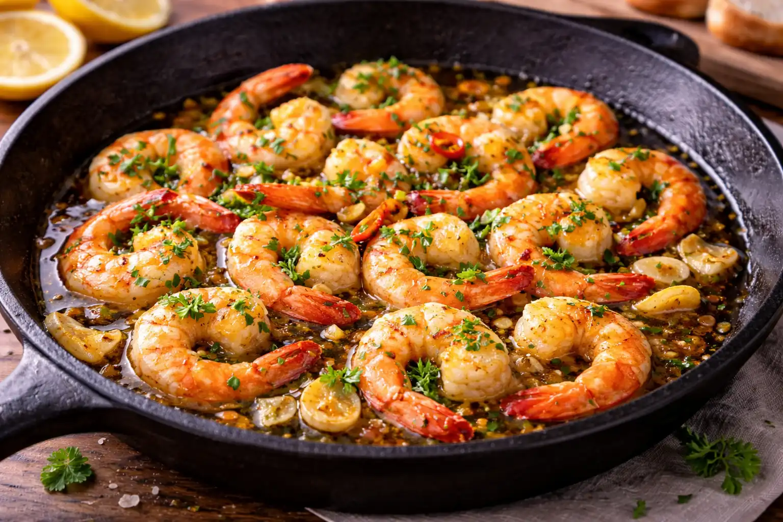 Ароматные креветки в оливковом масле с чесноком и чили в классическом испанском стиле тапас.